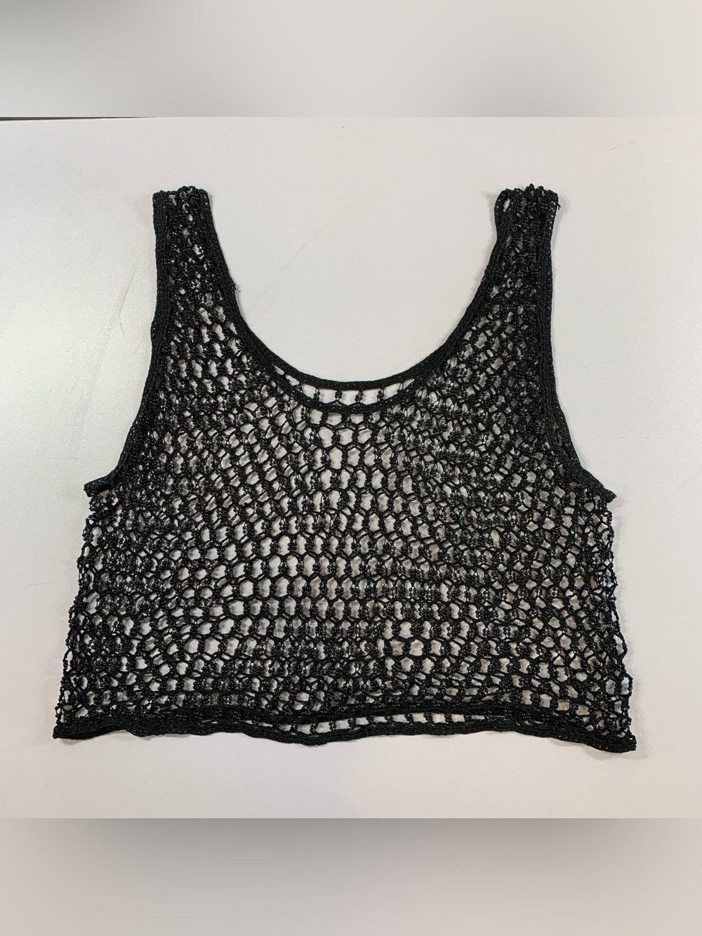 Black Beaded Mesh Cropped Tank Top S Fishnet 90s Y2K Club Rave Festival Layering
